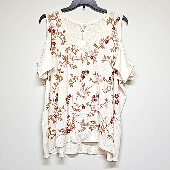 Lucky Brand cold shoulder slub yarn floral embroidered tee, coral cream 3X - Picture 1 of 9